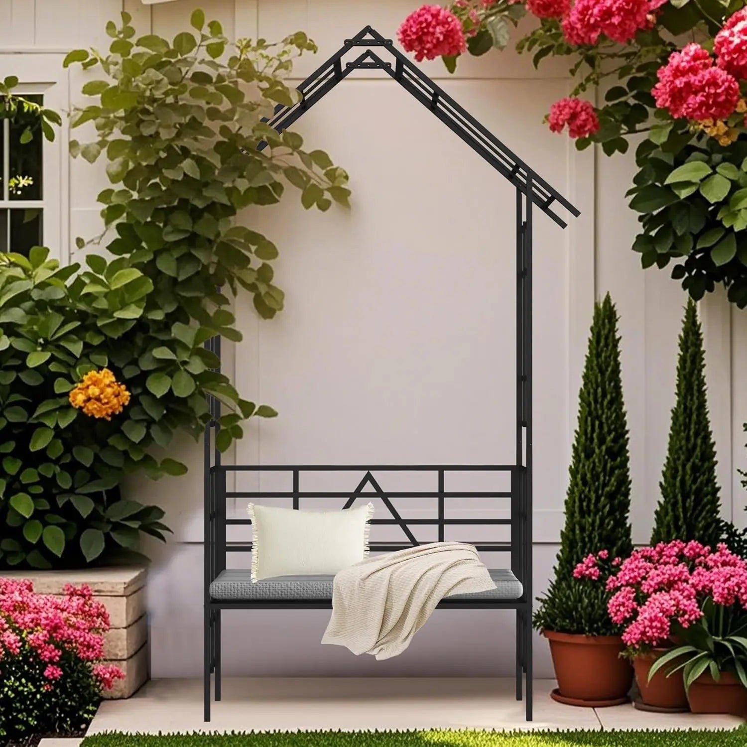 Metal Garden Arch with Gate 58x97" Outdoor Climbing Plant Trellis Rose Vine Support Wedding Decoration Black, Customized