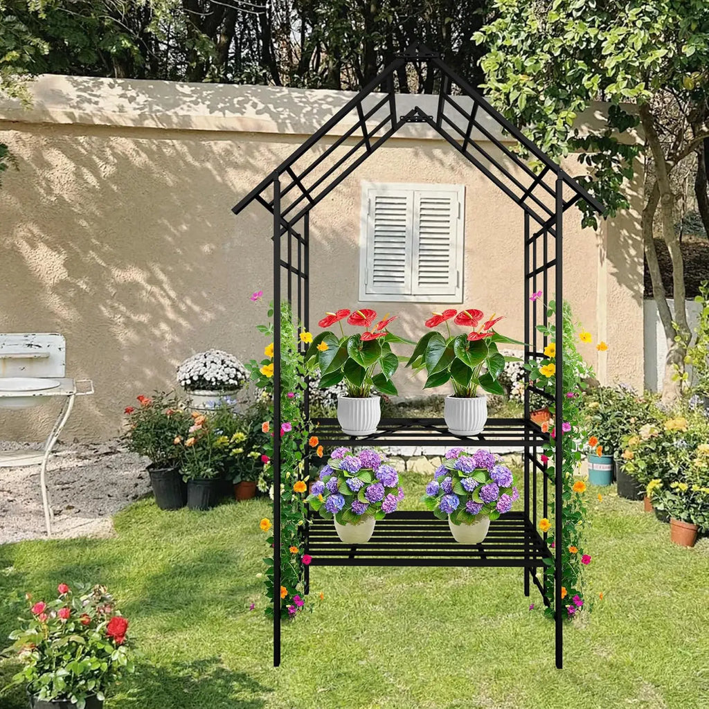 Metal Garden Arch with Gate 58x97" Outdoor Climbing Plant Trellis Rose Vine Support Wedding Decoration Black, Customized