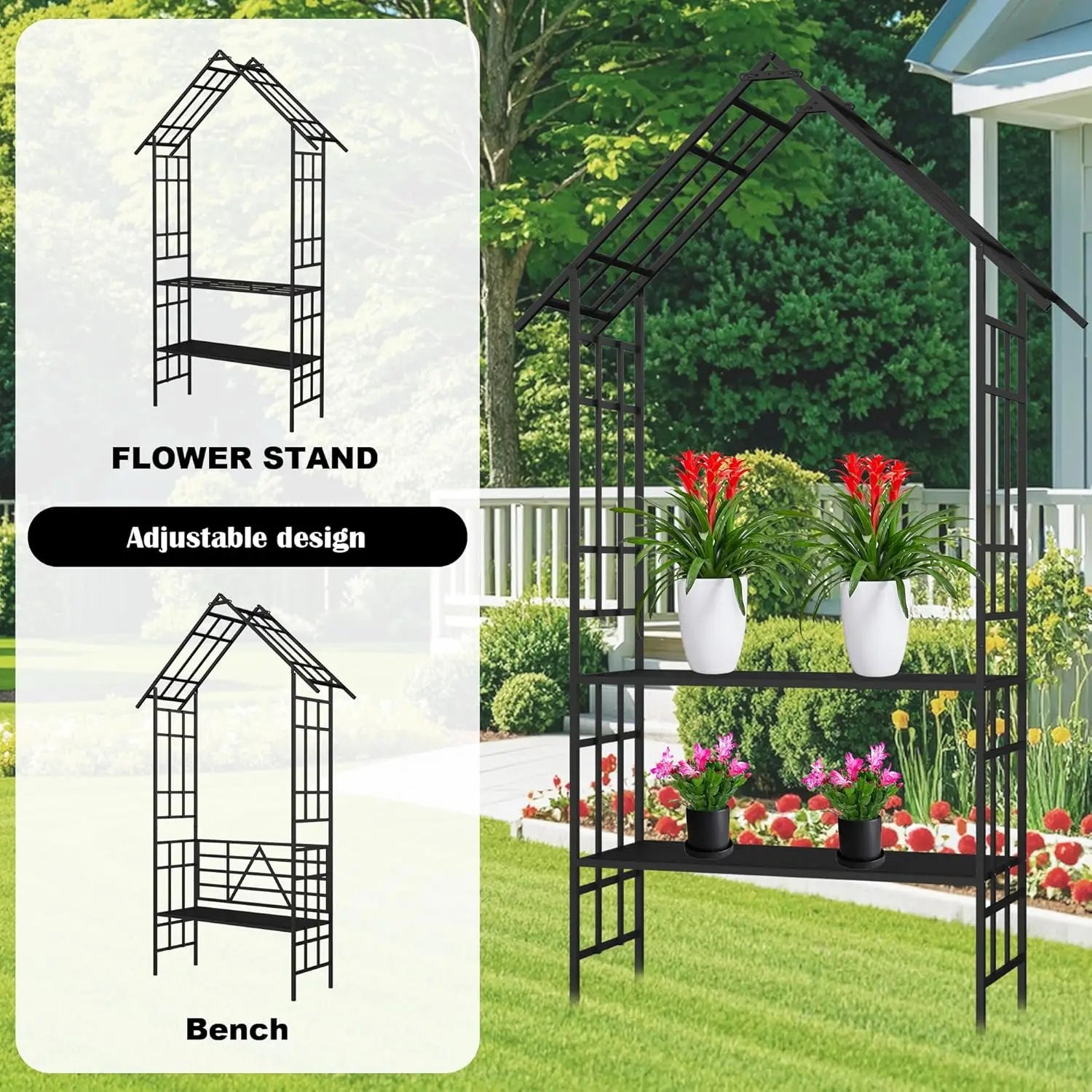 Metal Garden Arch with Gate 58x97" Outdoor Climbing Plant Trellis Rose Vine Support Wedding Decoration Black, Customized