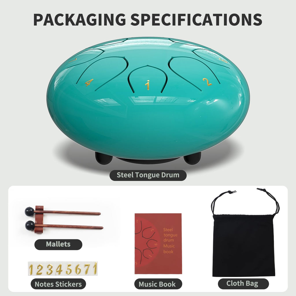 Rain Drum for Outside Garden, 6 Inches 8 Notes Steel Tongue Chakra Drums, Waterproof Meditation Rain Chime, Musical Instruments for Adult Gift with Bag, Music Book, Drum Mallets (Green)