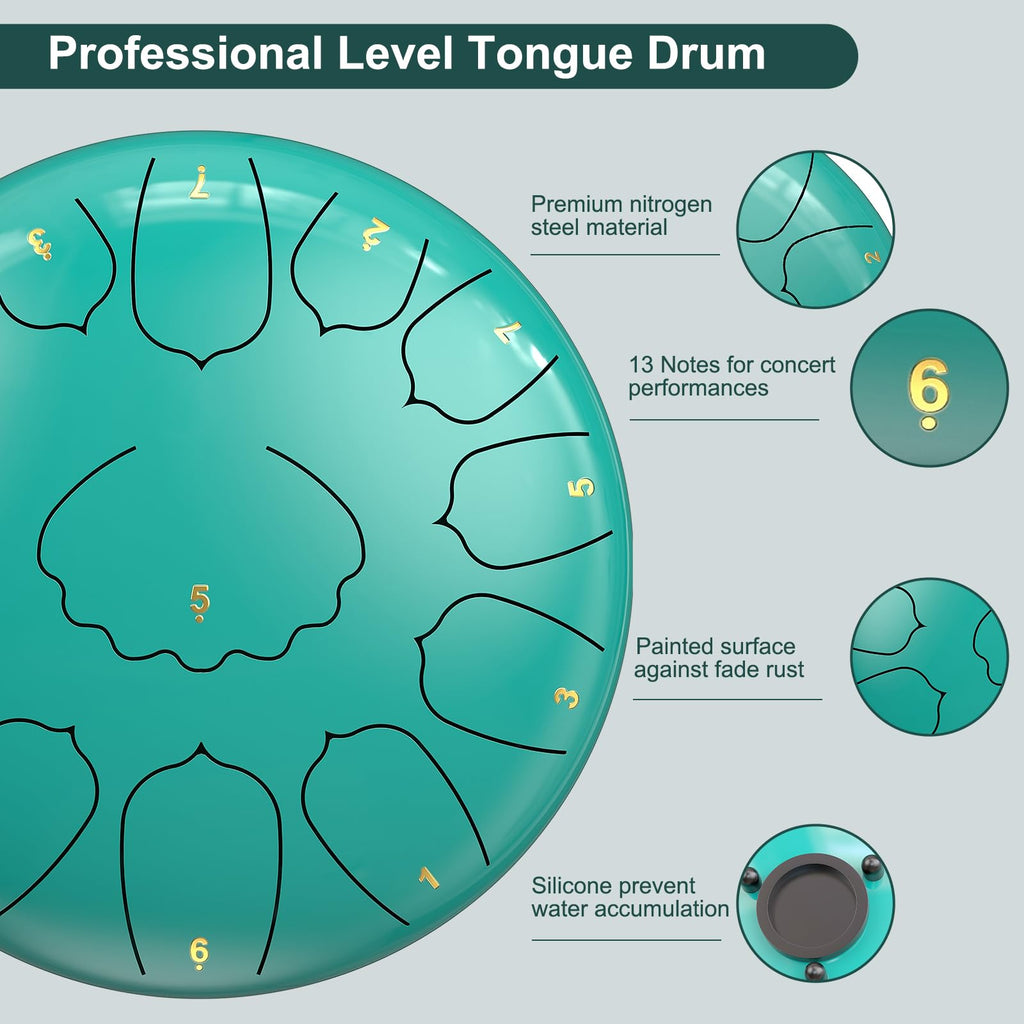 Rain Drum for Outside Garden, 6 Inches 8 Notes Steel Tongue Chakra Drums, Waterproof Meditation Rain Chime, Musical Instruments for Adult Gift with Bag, Music Book, Drum Mallets (Green)