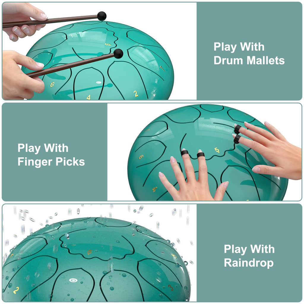Rain Drum for Outside Garden, 6 Inches 8 Notes Steel Tongue Chakra Drums, Waterproof Meditation Rain Chime, Musical Instruments for Adult Gift with Bag, Music Book, Drum Mallets (Green)
