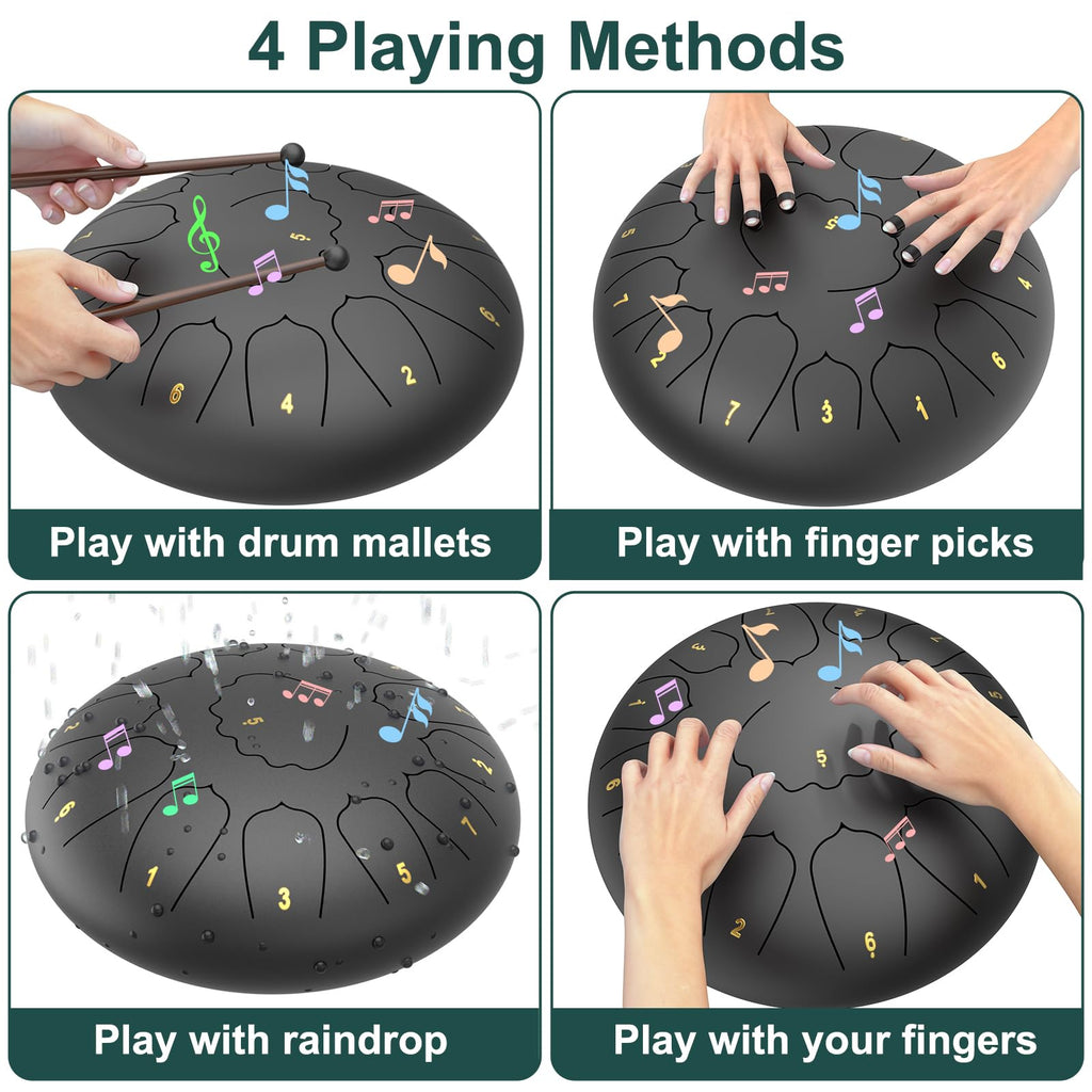 Rain Drum for Outside Garden, 6 Inches 8 Notes Steel Tongue Chakra Drums, Waterproof Meditation Rain Chime, Musical Instruments for Adult Gift with Bag, Music Book, Drum Mallets (Green)