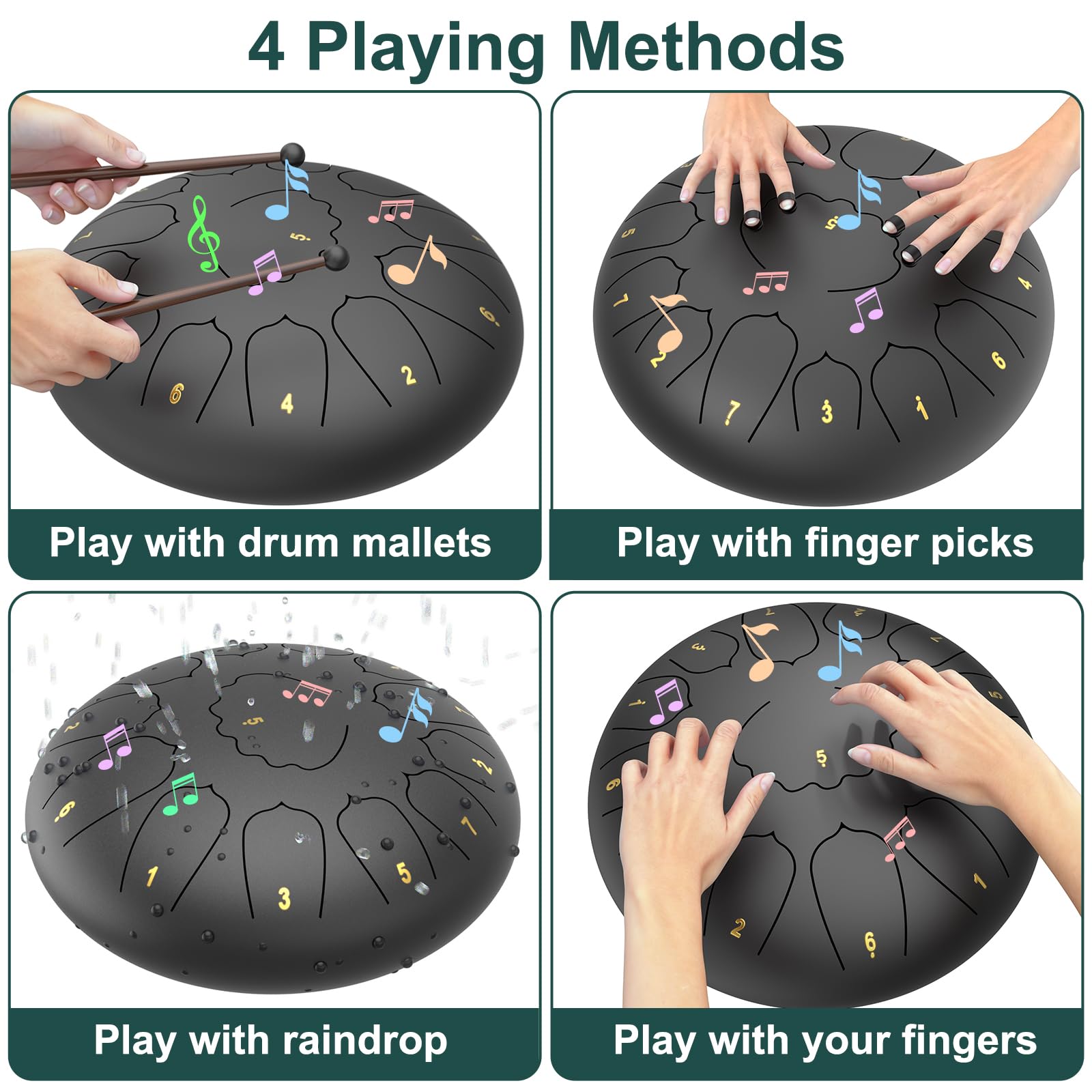 Rain Drum for Outside Garden, 6 Inches 8 Notes Steel Tongue Chakra Drums, Waterproof Meditation Rain Chime, Musical Instruments for Adult Gift with Bag, Music Book, Drum Mallets (Green)