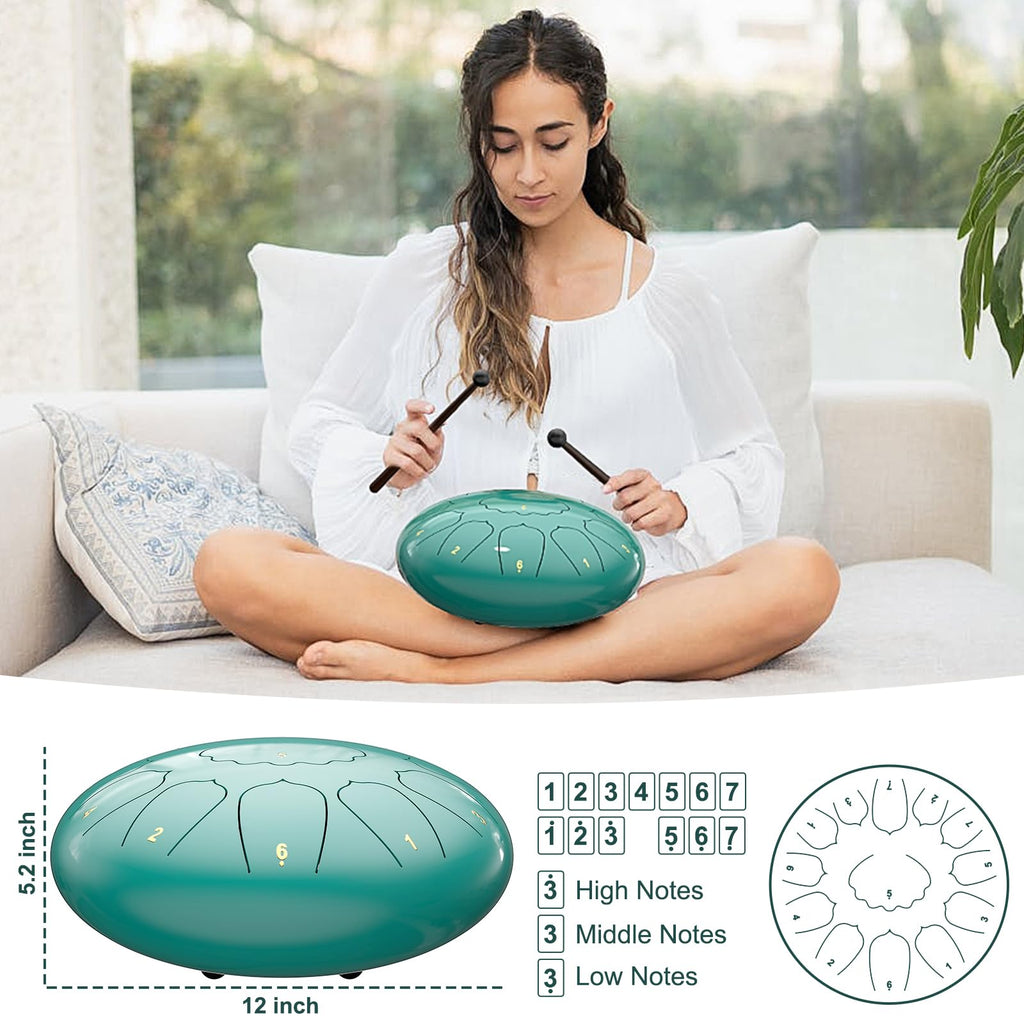 Rain Drum for Outside Garden, 6 Inches 8 Notes Steel Tongue Chakra Drums, Waterproof Meditation Rain Chime, Musical Instruments for Adult Gift with Bag, Music Book, Drum Mallets (Green)