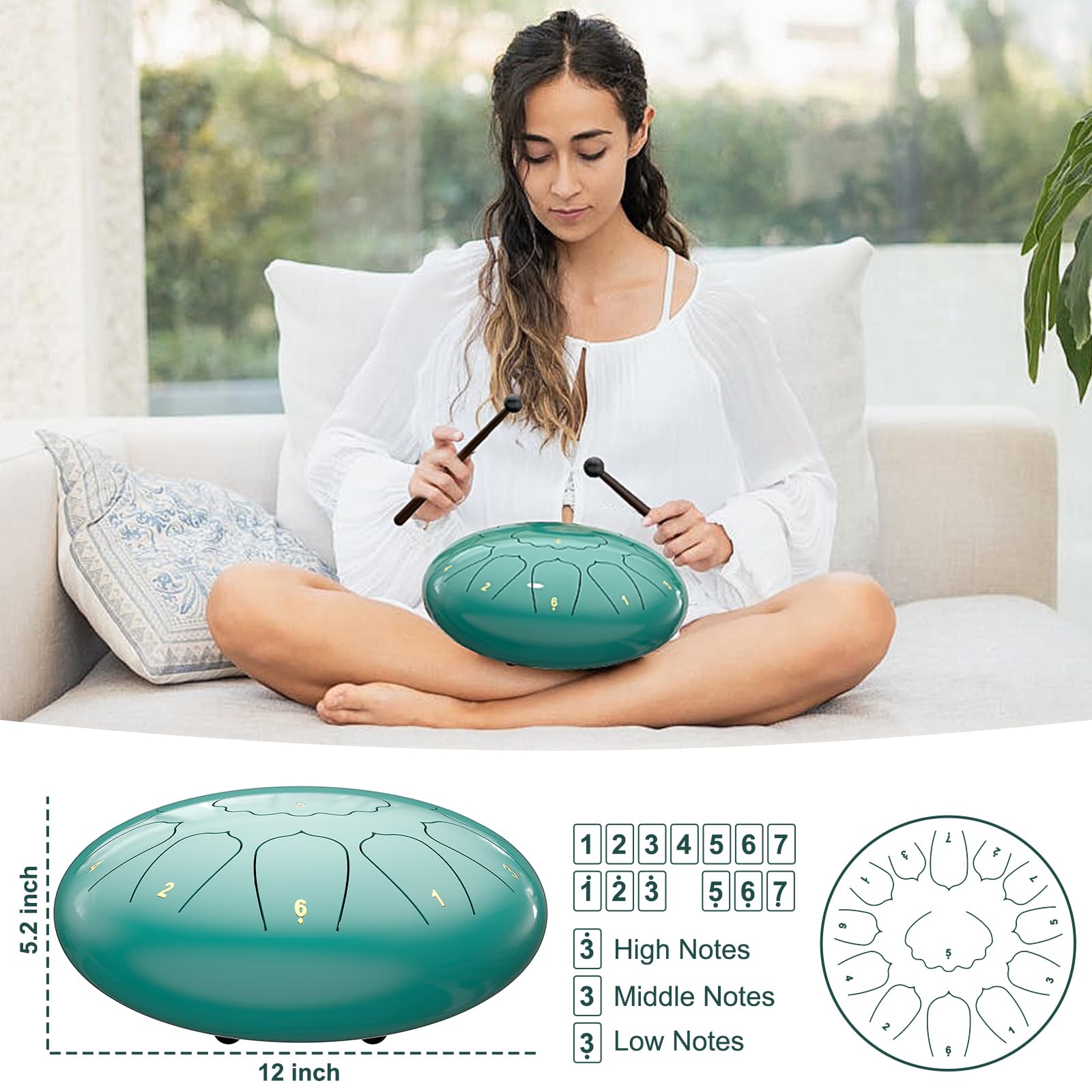 Rain Drum for Outside Garden, 6 Inches 8 Notes Steel Tongue Chakra Drums, Waterproof Meditation Rain Chime, Musical Instruments for Adult Gift with Bag, Music Book, Drum Mallets (Green)