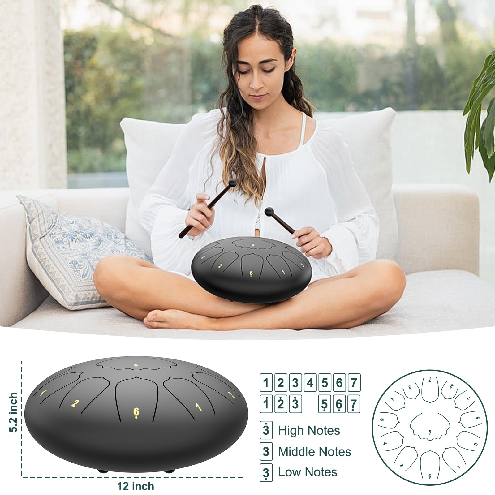 Rain Drum for Outside Garden, 6 Inches 8 Notes Steel Tongue Chakra Drums, Waterproof Meditation Rain Chime, Musical Instruments for Adult Gift with Bag, Music Book, Drum Mallets (Green)
