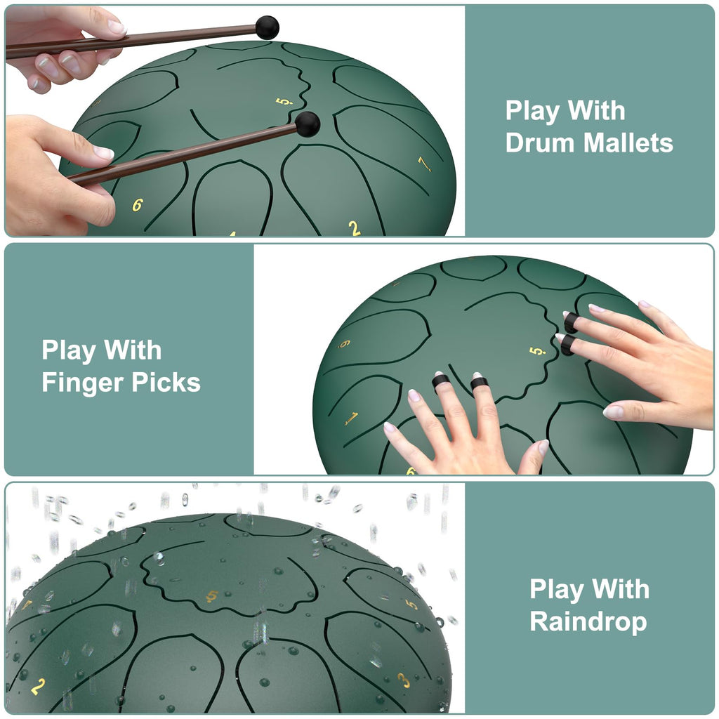 Rain Drum for Outside Garden, 6 Inches 8 Notes Steel Tongue Chakra Drums, Waterproof Meditation Rain Chime, Musical Instruments for Adult Gift with Bag, Music Book, Drum Mallets (Green)