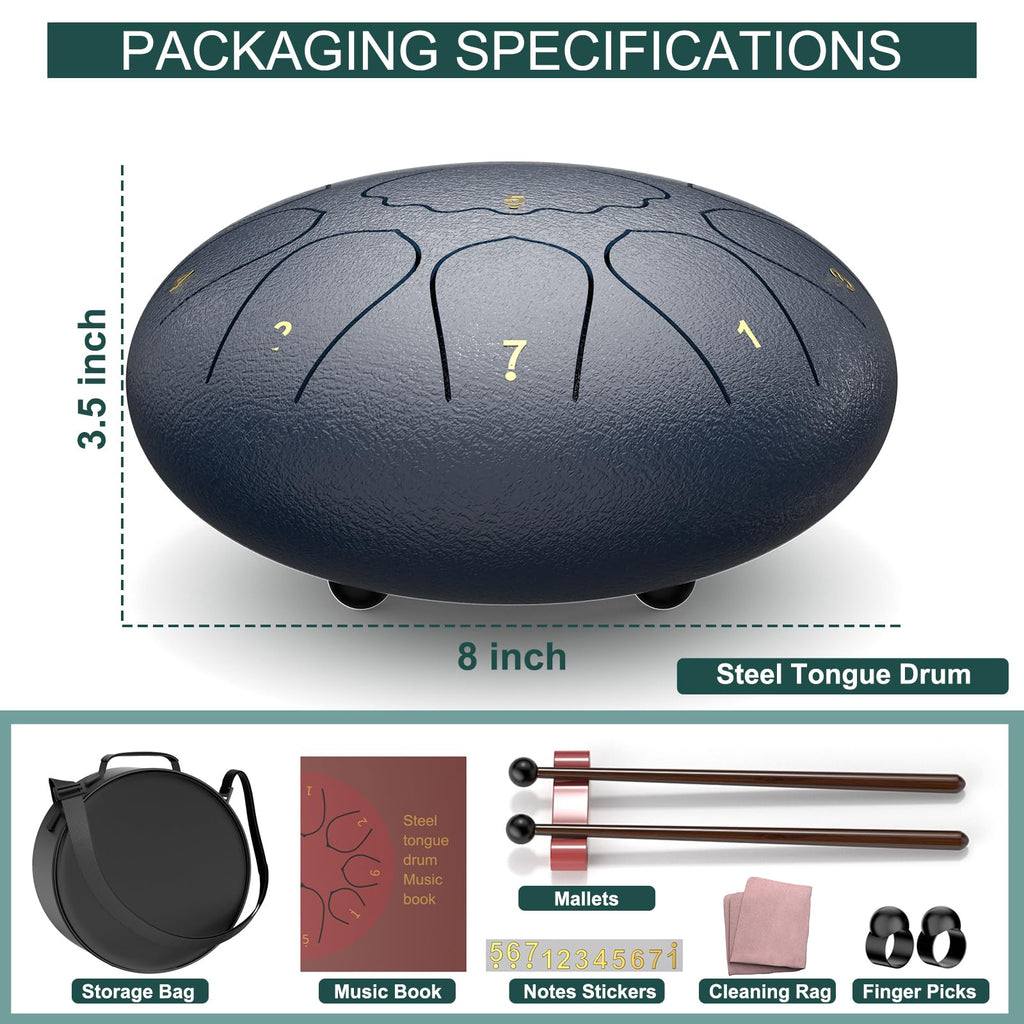 Rain Drum for Outside Garden, 6 Inches 8 Notes Steel Tongue Chakra Drums, Waterproof Meditation Rain Chime, Musical Instruments for Adult Gift with Bag, Music Book, Drum Mallets (Green)