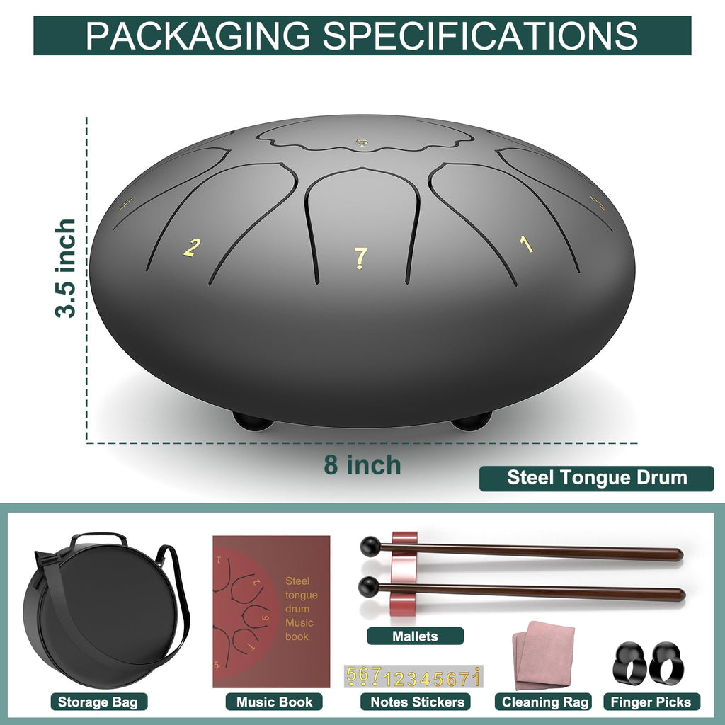 Rain Drum for Outside Garden, 6 Inches 8 Notes Steel Tongue Chakra Drums, Waterproof Meditation Rain Chime, Musical Instruments for Adult Gift with Bag, Music Book, Drum Mallets (Green)