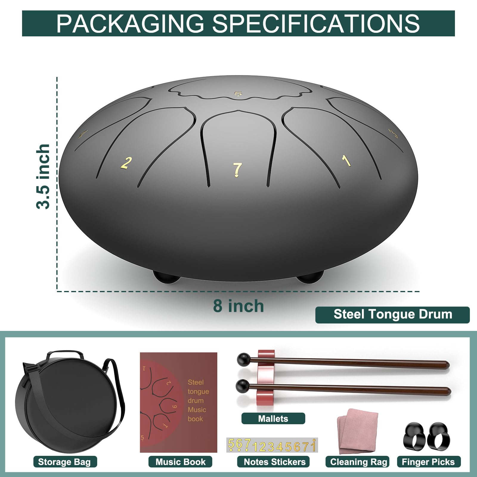 Rain Drum for Outside Garden, 6 Inches 8 Notes Steel Tongue Chakra Drums, Waterproof Meditation Rain Chime, Musical Instruments for Adult Gift with Bag, Music Book, Drum Mallets (Green)