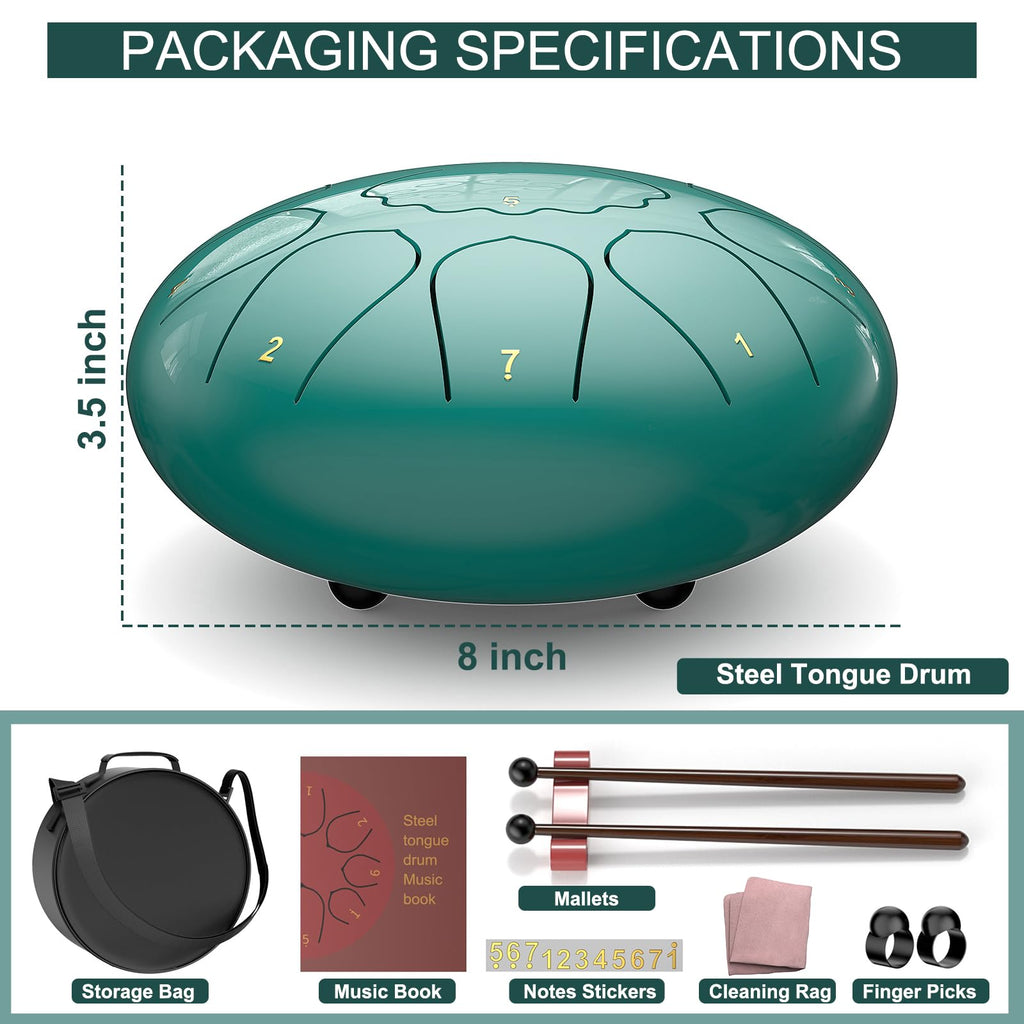 Rain Drum for Outside Garden, 6 Inches 8 Notes Steel Tongue Chakra Drums, Waterproof Meditation Rain Chime, Musical Instruments for Adult Gift with Bag, Music Book, Drum Mallets (Green)