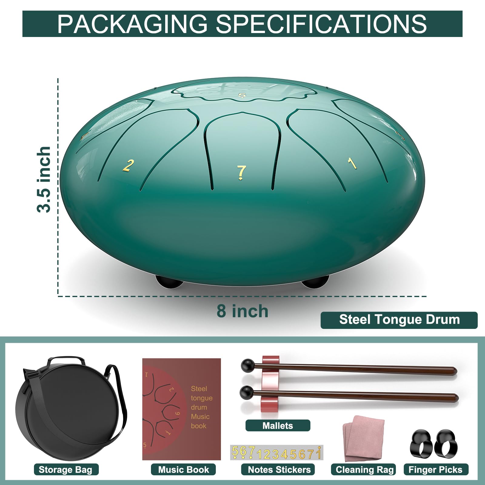 Rain Drum for Outside Garden, 6 Inches 8 Notes Steel Tongue Chakra Drums, Waterproof Meditation Rain Chime, Musical Instruments for Adult Gift with Bag, Music Book, Drum Mallets (Green)