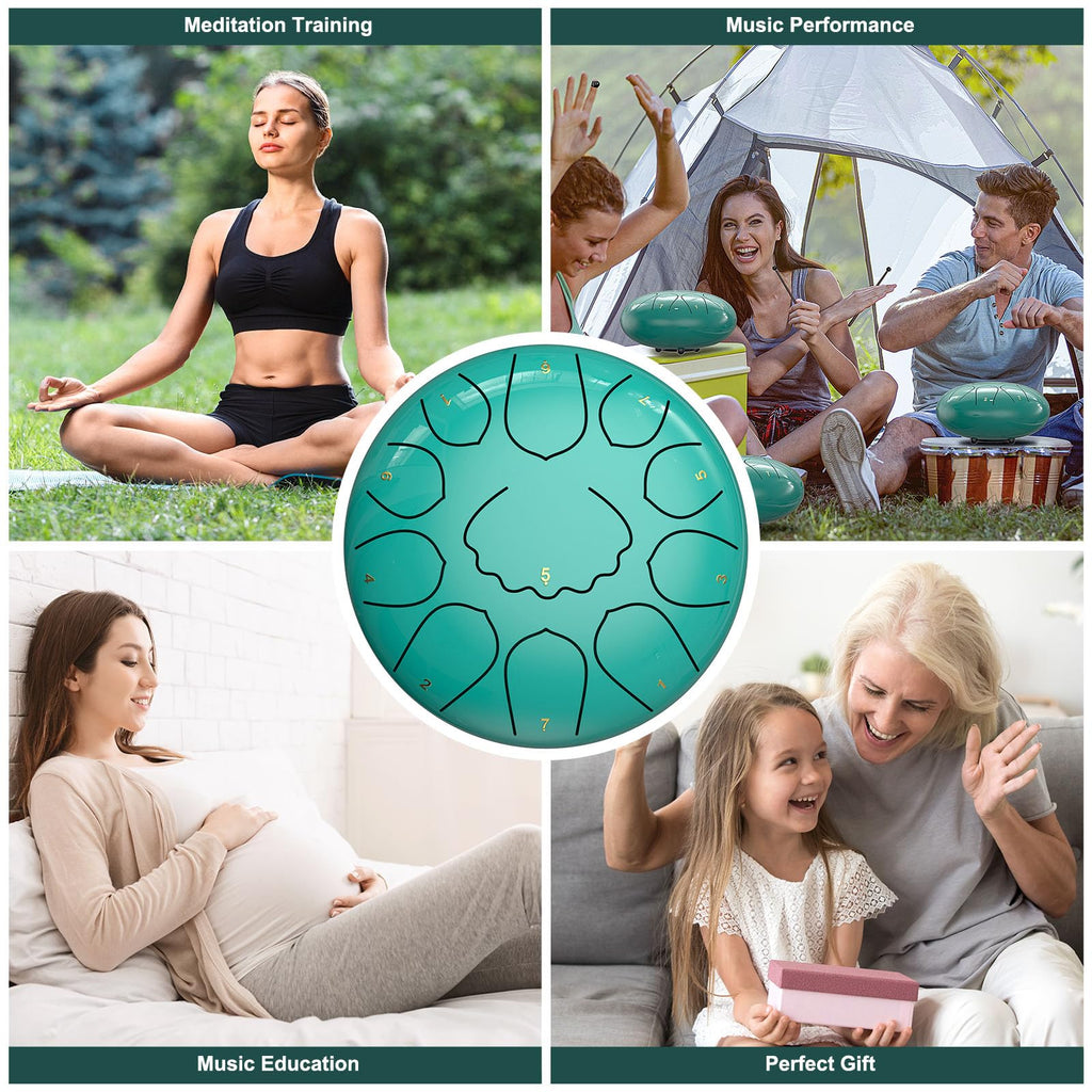 Rain Drum for Outside Garden, 6 Inches 8 Notes Steel Tongue Chakra Drums, Waterproof Meditation Rain Chime, Musical Instruments for Adult Gift with Bag, Music Book, Drum Mallets (Green)