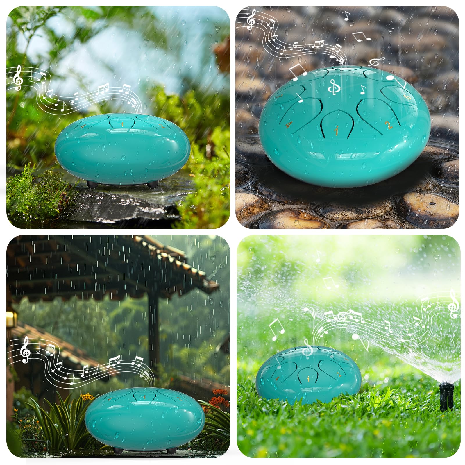 Rain Drum for Outside Garden, 6 Inches 8 Notes Steel Tongue Chakra Drums, Waterproof Meditation Rain Chime, Musical Instruments for Adult Gift with Bag, Music Book, Drum Mallets (Green)