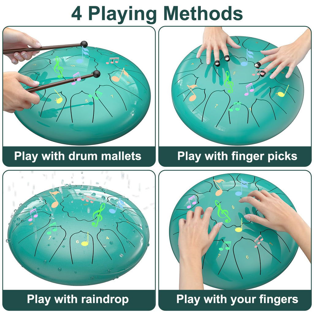 Rain Drum for Outside Garden, 6 Inches 8 Notes Steel Tongue Chakra Drums, Waterproof Meditation Rain Chime, Musical Instruments for Adult Gift with Bag, Music Book, Drum Mallets (Green)