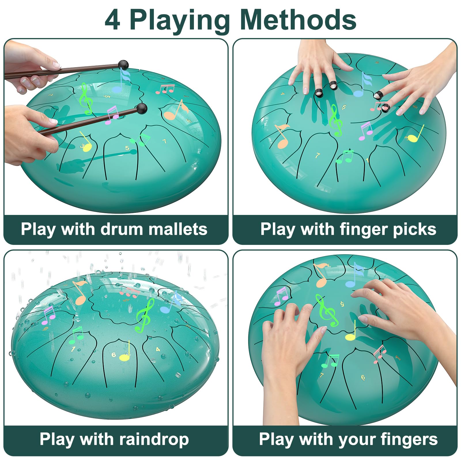 Rain Drum for Outside Garden, 6 Inches 8 Notes Steel Tongue Chakra Drums, Waterproof Meditation Rain Chime, Musical Instruments for Adult Gift with Bag, Music Book, Drum Mallets (Green)