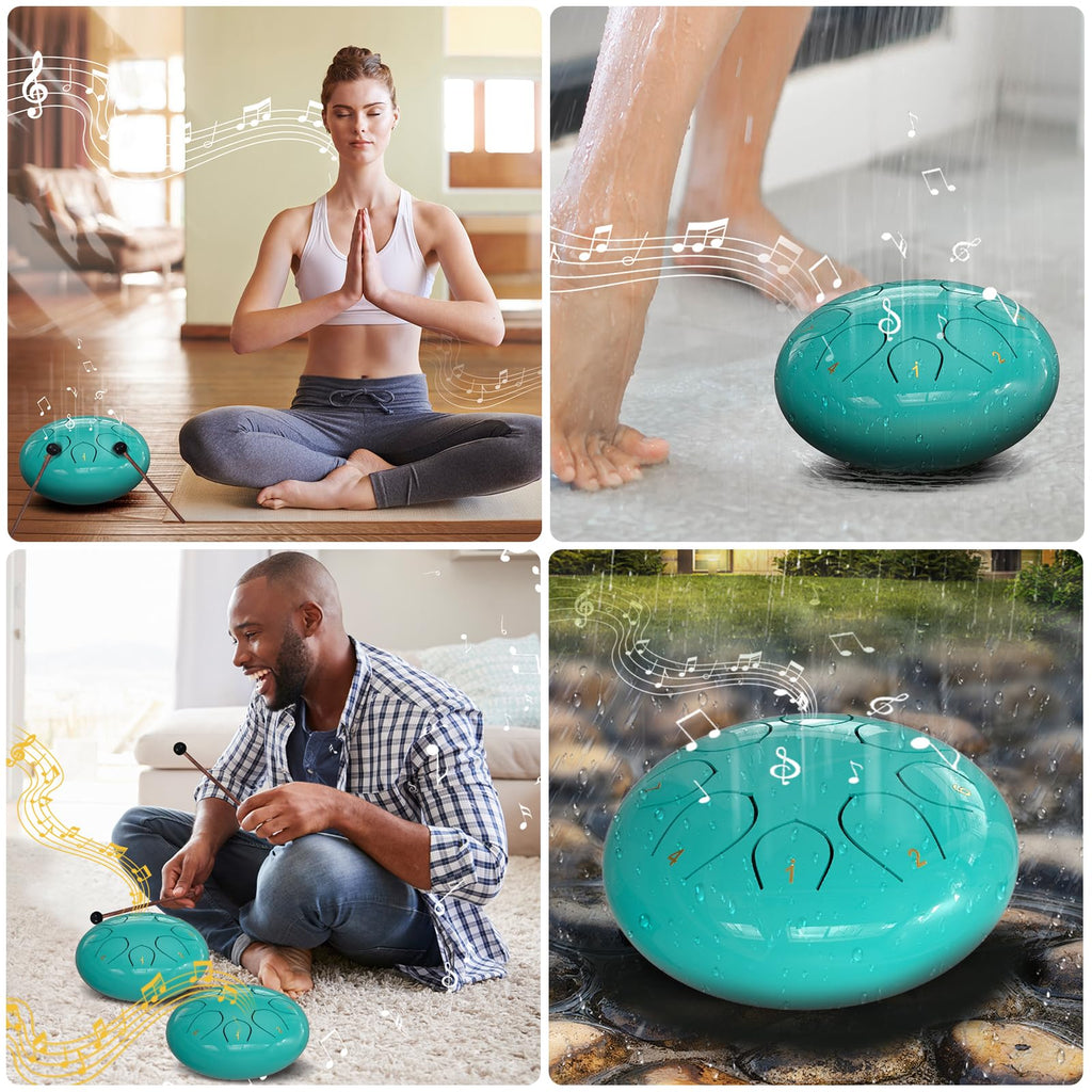 Rain Drum for Outside Garden, 6 Inches 8 Notes Steel Tongue Chakra Drums, Waterproof Meditation Rain Chime, Musical Instruments for Adult Gift with Bag, Music Book, Drum Mallets (Green)