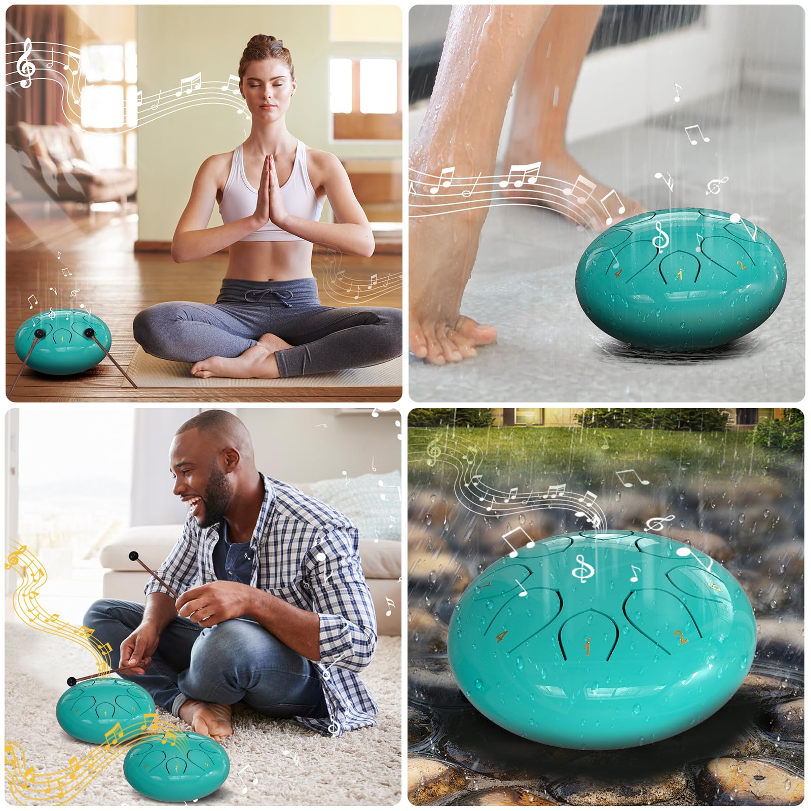 Rain Drum for Outside Garden, 6 Inches 8 Notes Steel Tongue Chakra Drums, Waterproof Meditation Rain Chime, Musical Instruments for Adult Gift with Bag, Music Book, Drum Mallets (Green)