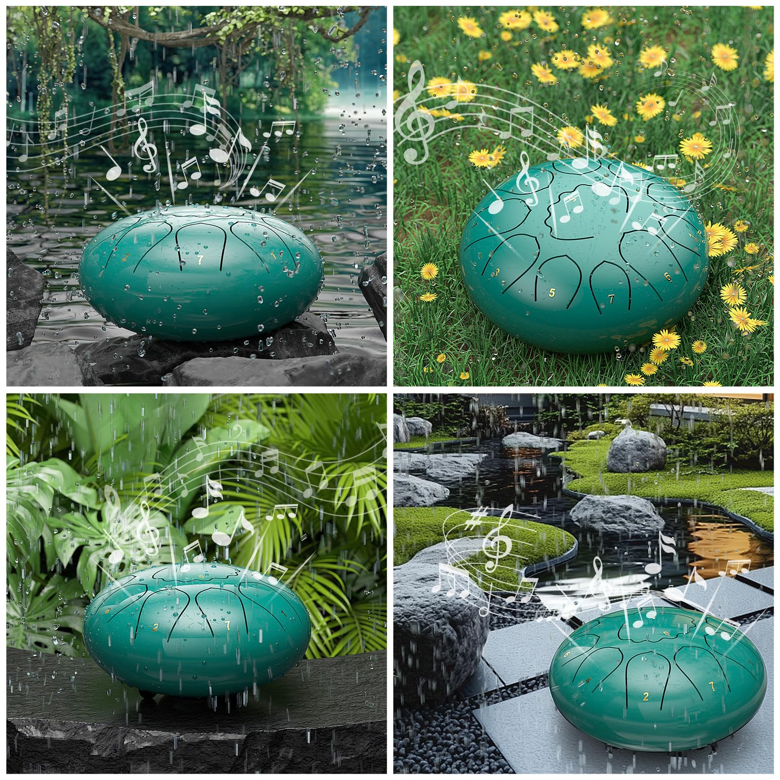 Rain Drum for Outside Garden, 6 Inches 8 Notes Steel Tongue Chakra Drums, Waterproof Meditation Rain Chime, Musical Instruments for Adult Gift with Bag, Music Book, Drum Mallets (Green)