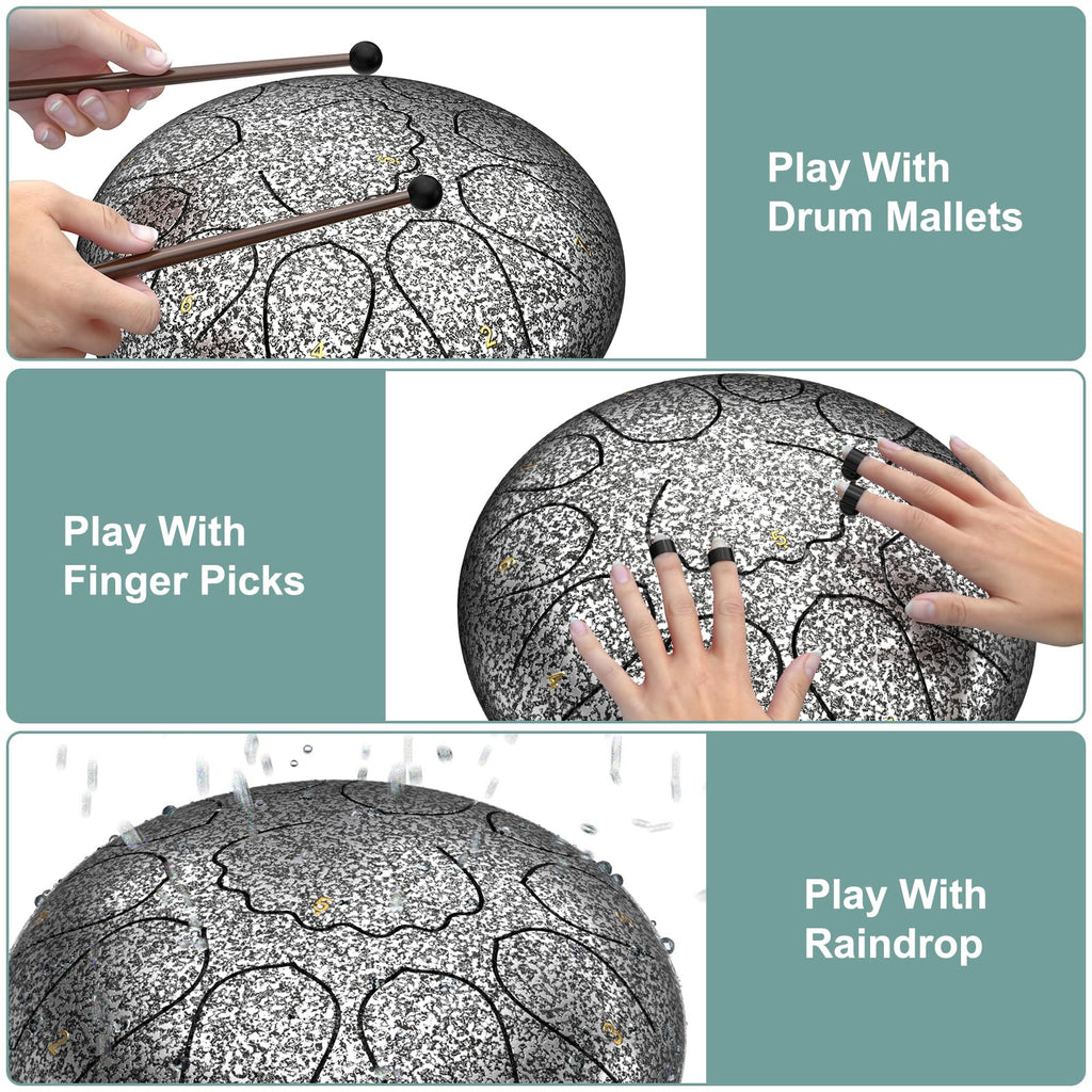 Rain Drum for Outside Garden, 6 Inches 8 Notes Steel Tongue Chakra Drums, Waterproof Meditation Rain Chime, Musical Instruments for Adult Gift with Bag, Music Book, Drum Mallets (Green)
