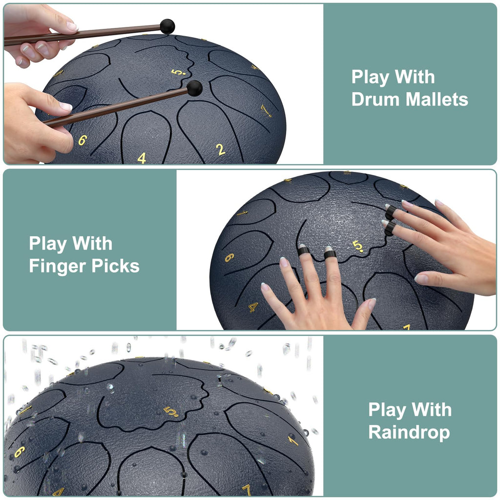 Rain Drum for Outside Garden, 6 Inches 8 Notes Steel Tongue Chakra Drums, Waterproof Meditation Rain Chime, Musical Instruments for Adult Gift with Bag, Music Book, Drum Mallets (Green)