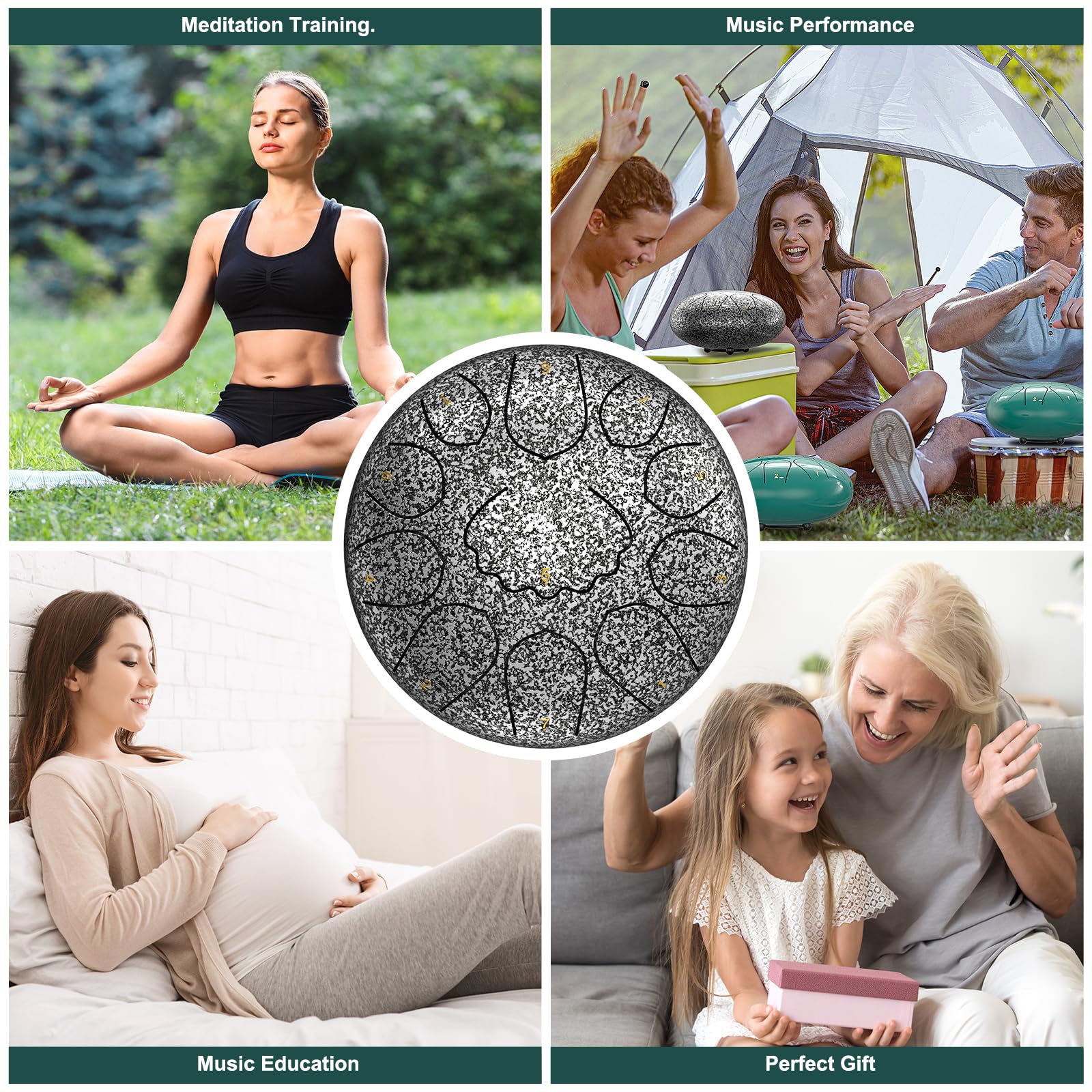 Rain Drum for Outside Garden, 6 Inches 8 Notes Steel Tongue Chakra Drums, Waterproof Meditation Rain Chime, Musical Instruments for Adult Gift with Bag, Music Book, Drum Mallets (Green)