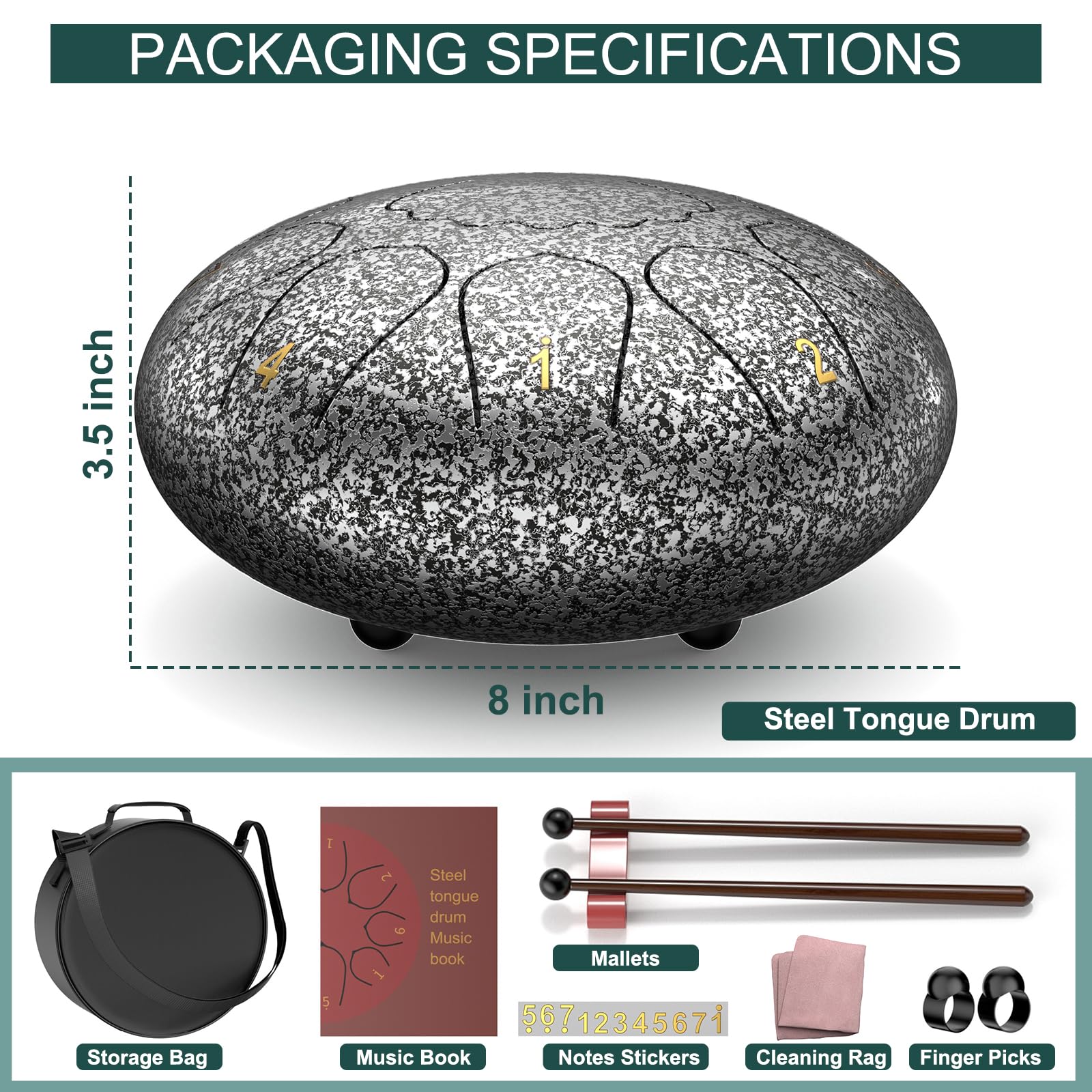 Rain Drum for Outside Garden, 6 Inches 8 Notes Steel Tongue Chakra Drums, Waterproof Meditation Rain Chime, Musical Instruments for Adult Gift with Bag, Music Book, Drum Mallets (Green)