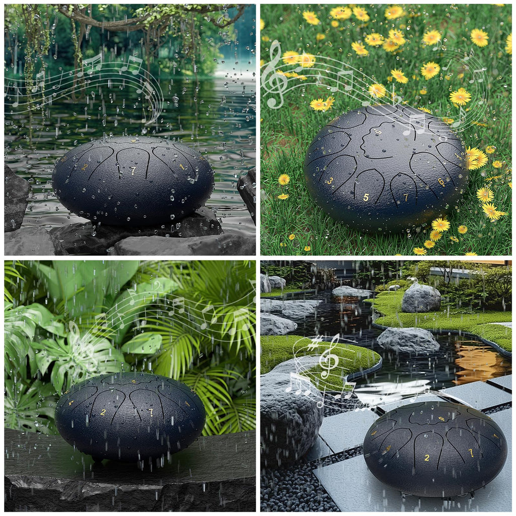 Rain Drum for Outside Garden, 6 Inches 8 Notes Steel Tongue Chakra Drums, Waterproof Meditation Rain Chime, Musical Instruments for Adult Gift with Bag, Music Book, Drum Mallets (Green)